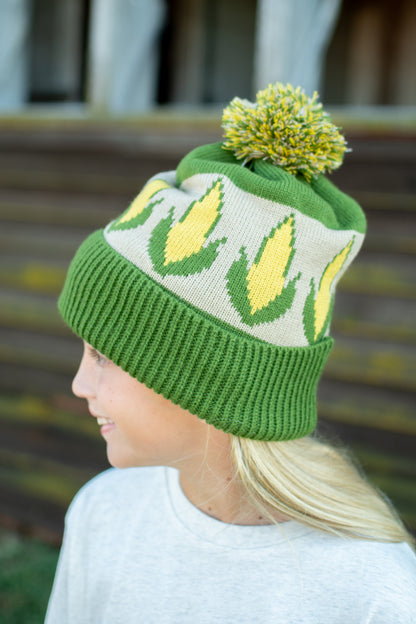 Corn Pattern Knit Pom-Pom Cuffed Stocking Cap