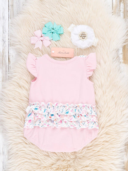 Country Chicken Blossoms Embroidered Ruffle Bubble Romper