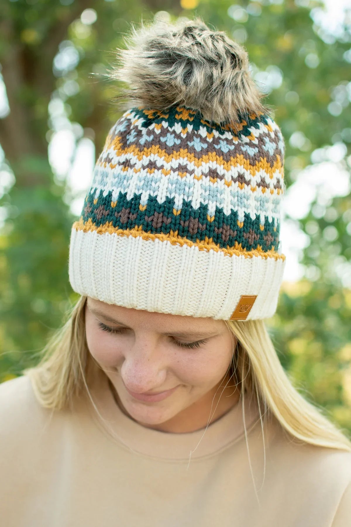 Cream & Multicolored Pom Hat
