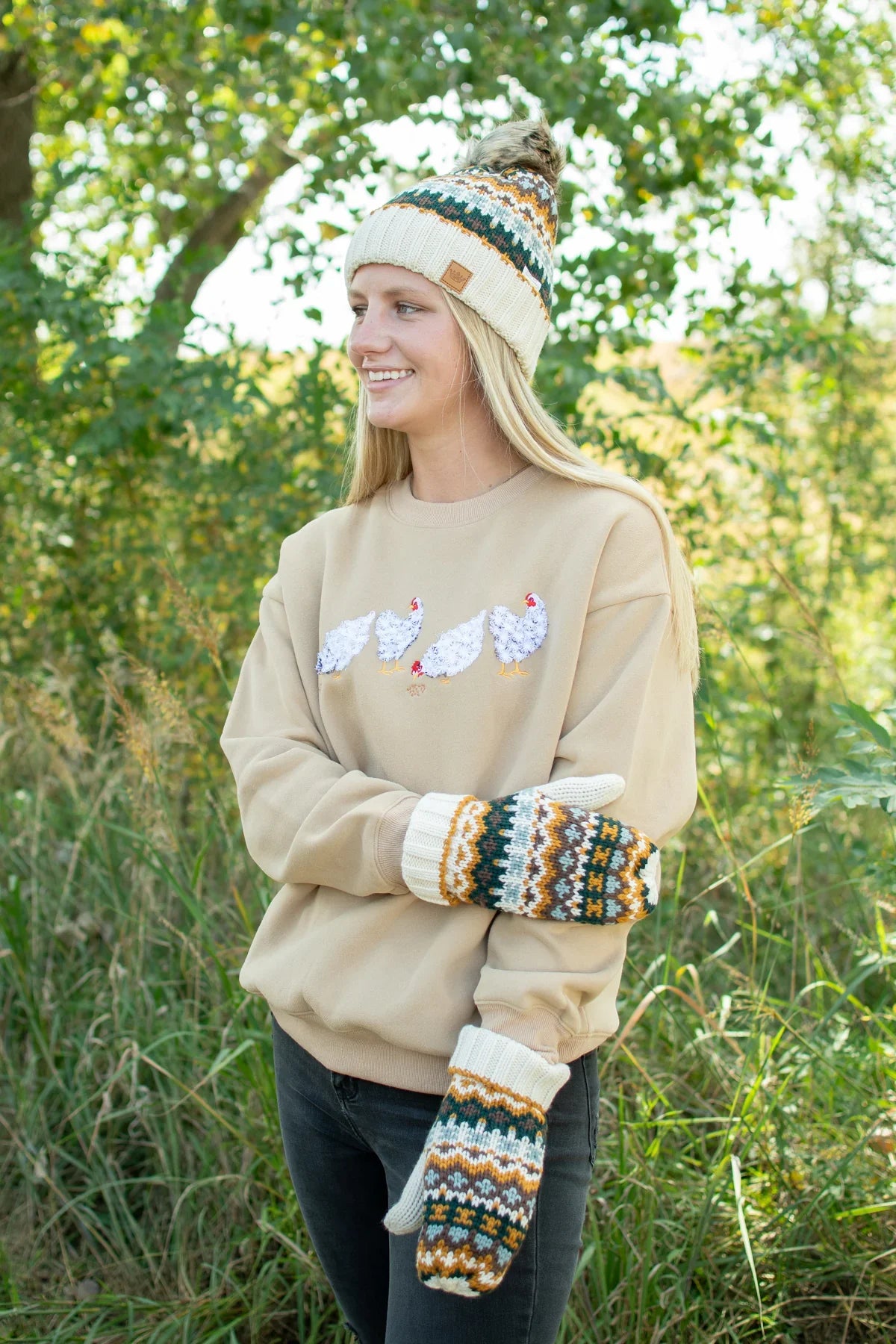 Cream & Multicolored Pom Hat