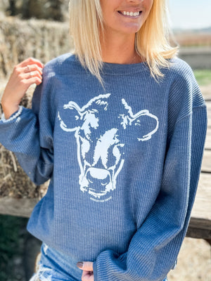 Water Color Cow Ribbed Crew