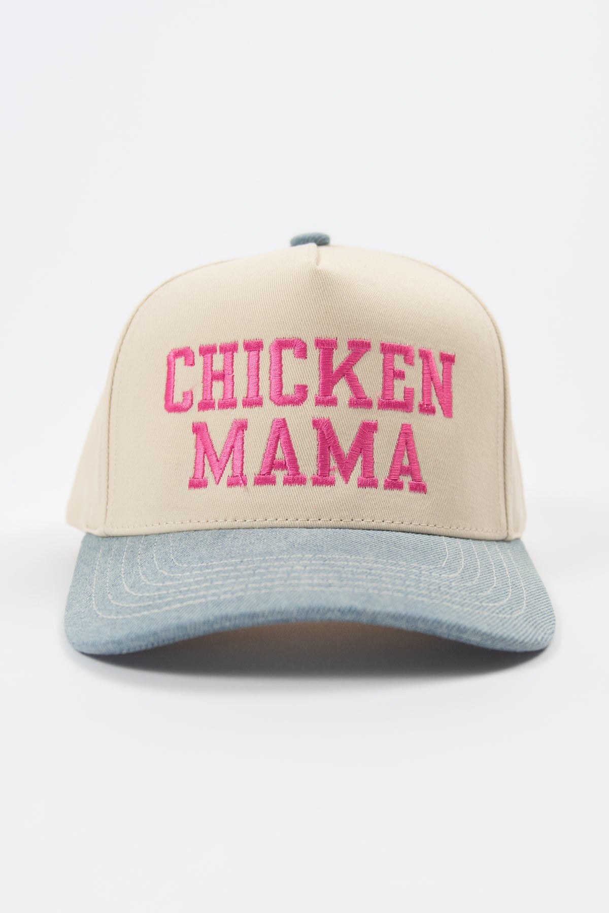 Denim 'Chicken Mama' Pink Embroidered Trucker Hat