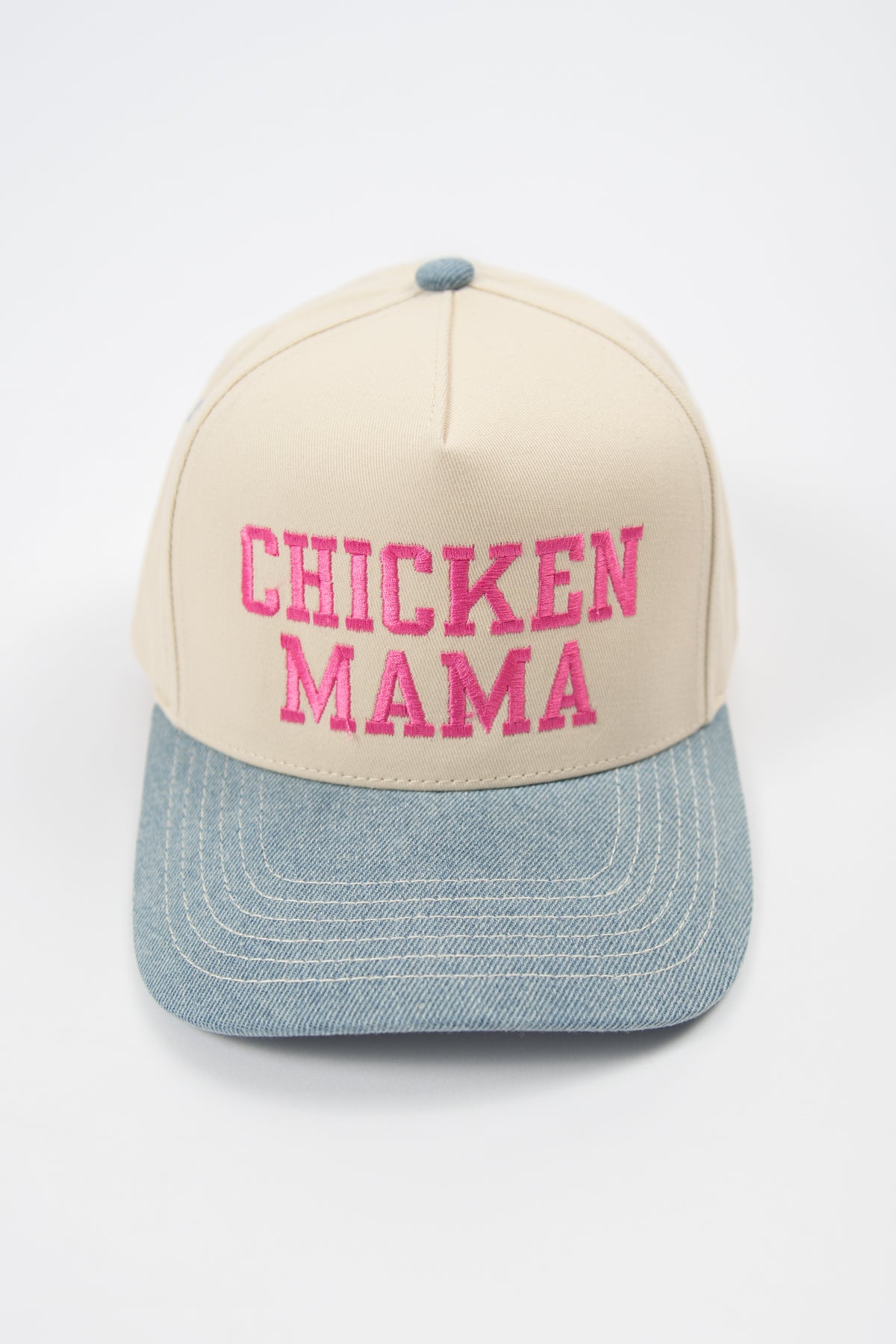 Denim 'Chicken Mama' Pink Embroidered Trucker Hat