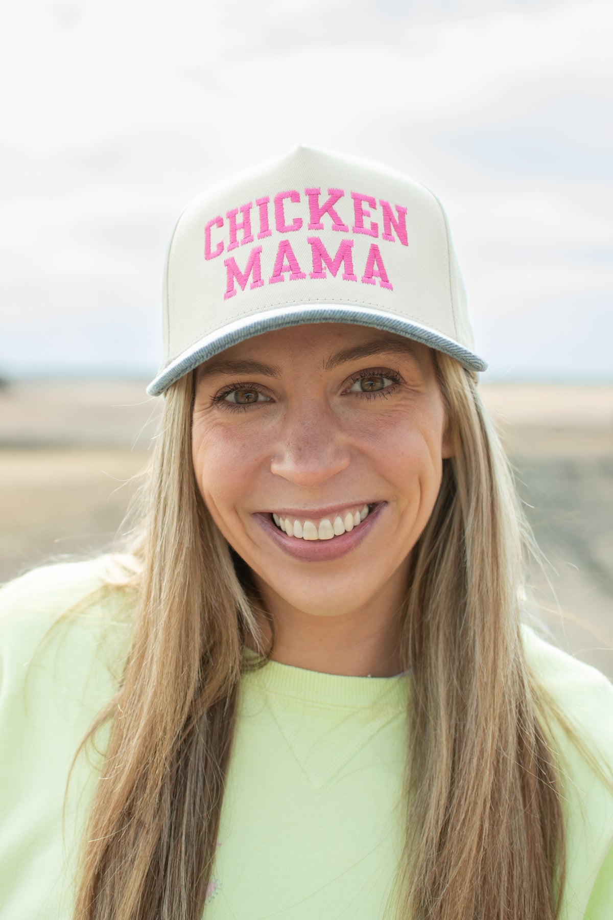 Denim 'Chicken Mama' Pink Embroidered Trucker Hat