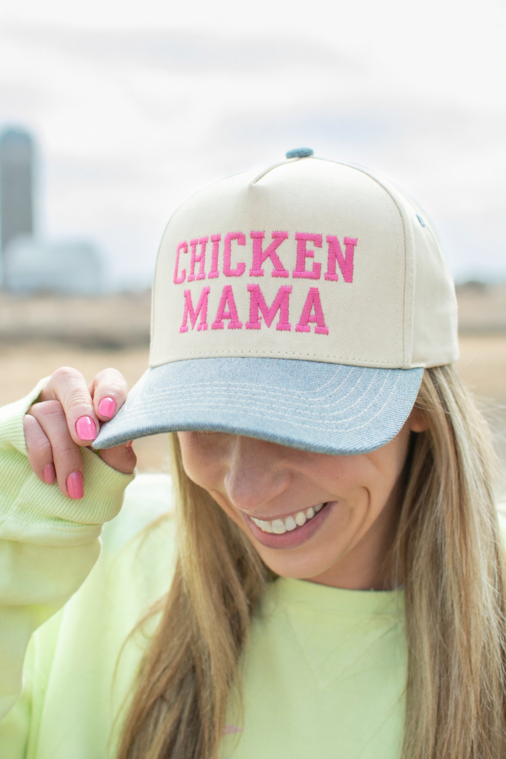 Denim 'Chicken Mama' Pink Embroidered Trucker Hat