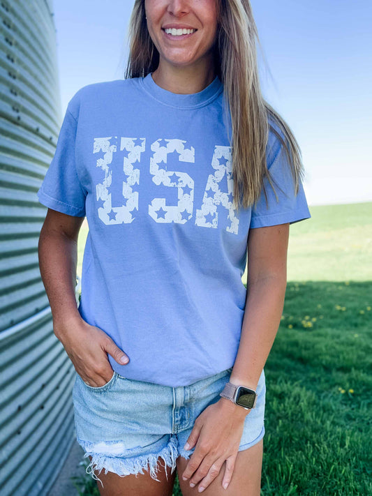 Distressed 'USA' Blue Tee
