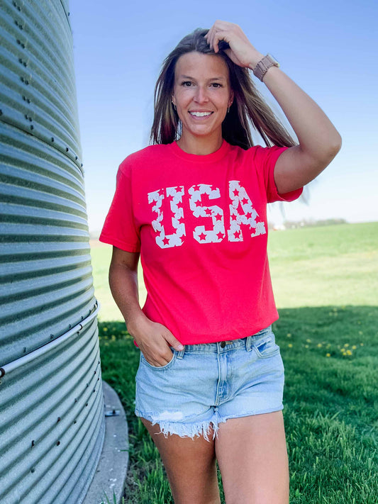 Distressed 'USA' Red Tee
