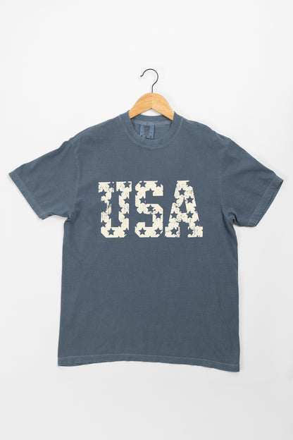 Distressed Cream 'USA' Washed Navy Tee