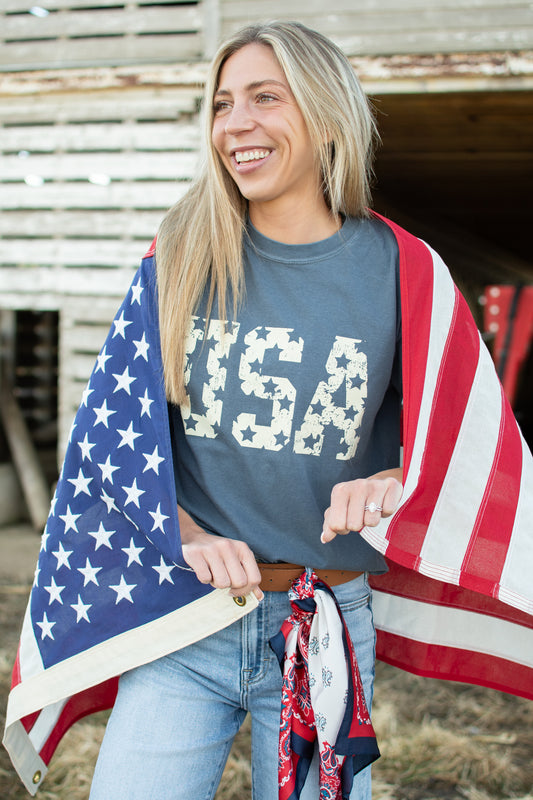 Distressed Cream 'USA' Washed Navy Tee