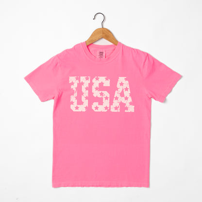 Distressed 'USA' Neon Pink Tee