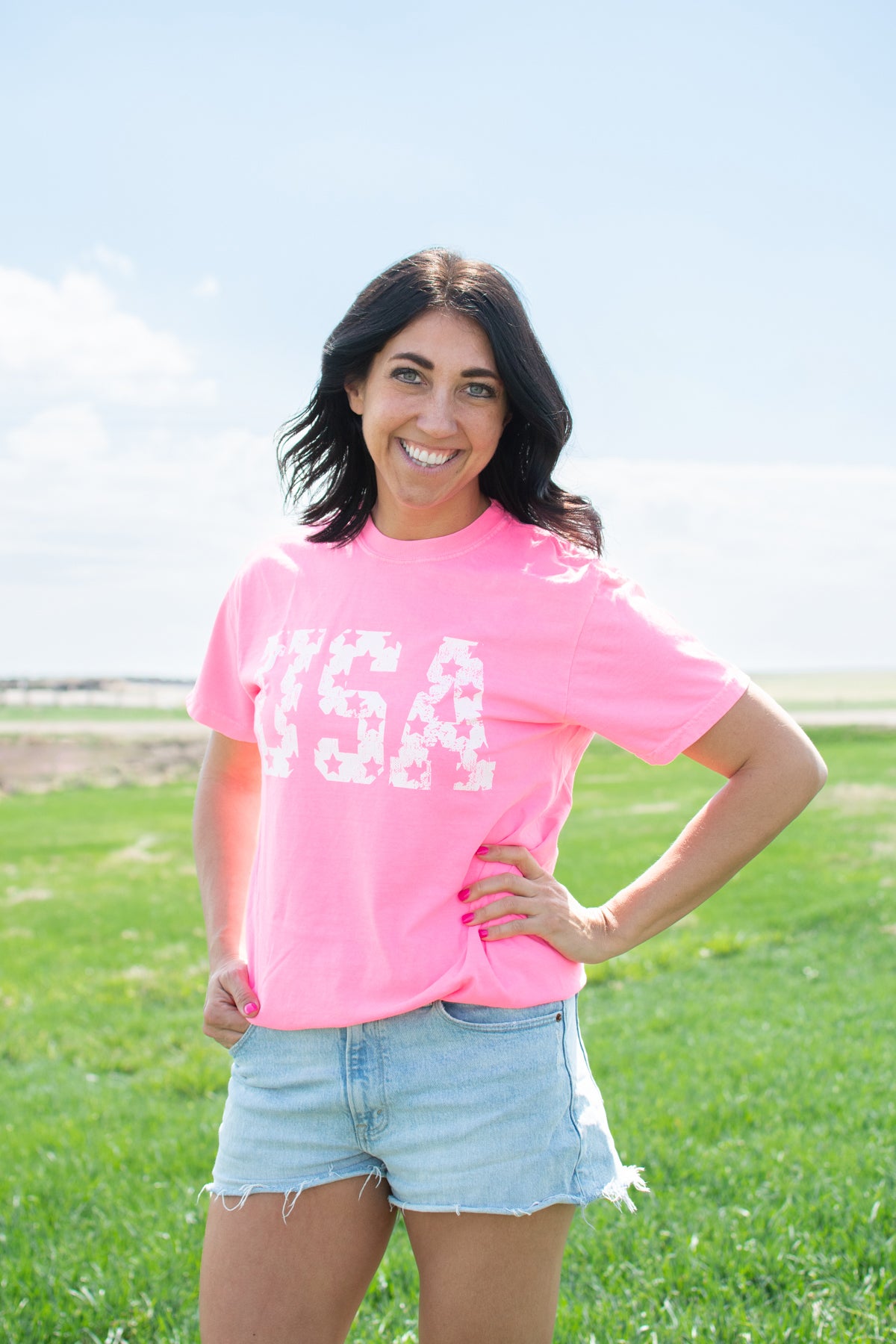 Distressed 'USA' Neon Pink Tee