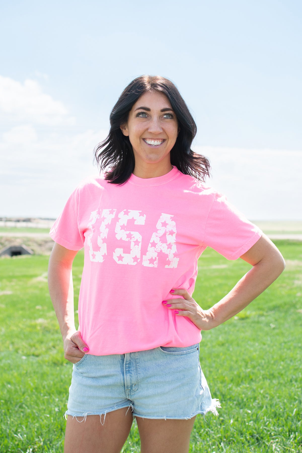 Distressed 'USA' Neon Pink Tee