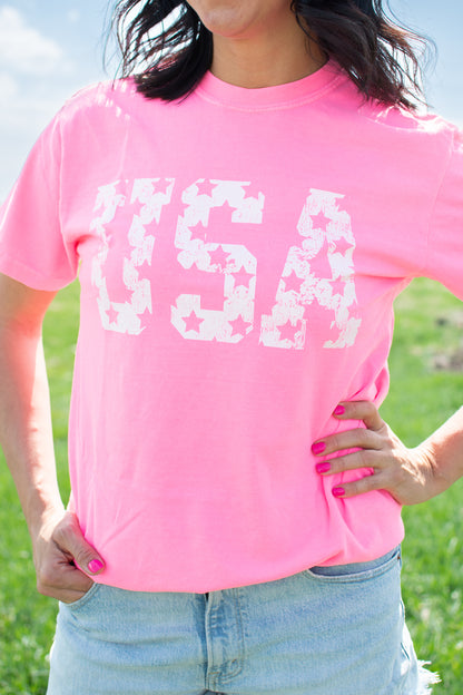 Distressed 'USA' Neon Pink Tee