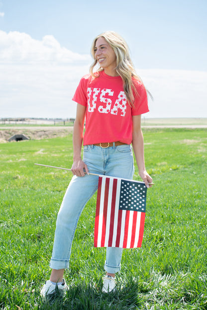 Distressed 'USA' Red Tee