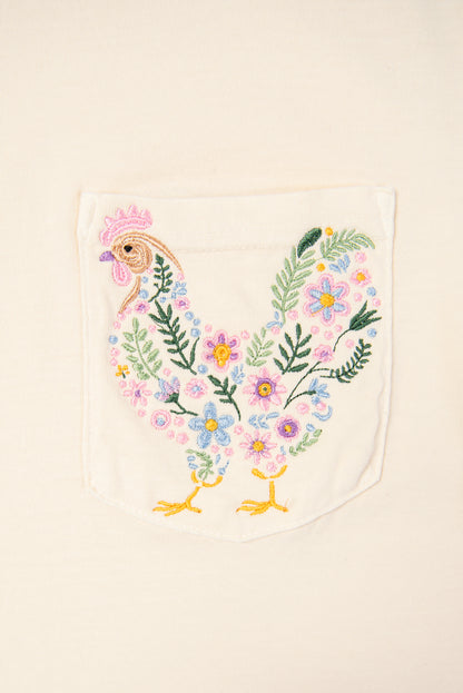 Embroidered Floral Chicken Pocket Ivory Tee
