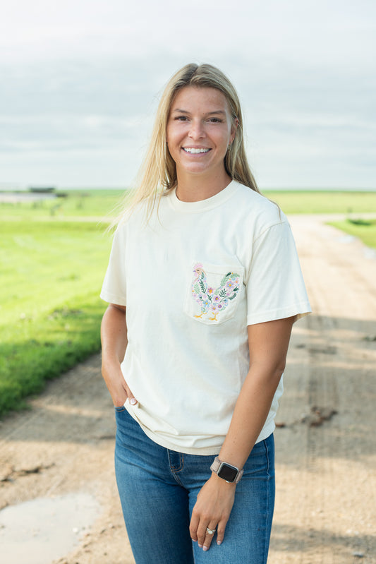 Embroidered Floral Chicken Pocket Ivory Tee