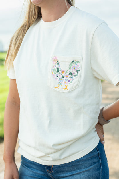 Embroidered Floral Chicken Pocket Ivory Tee