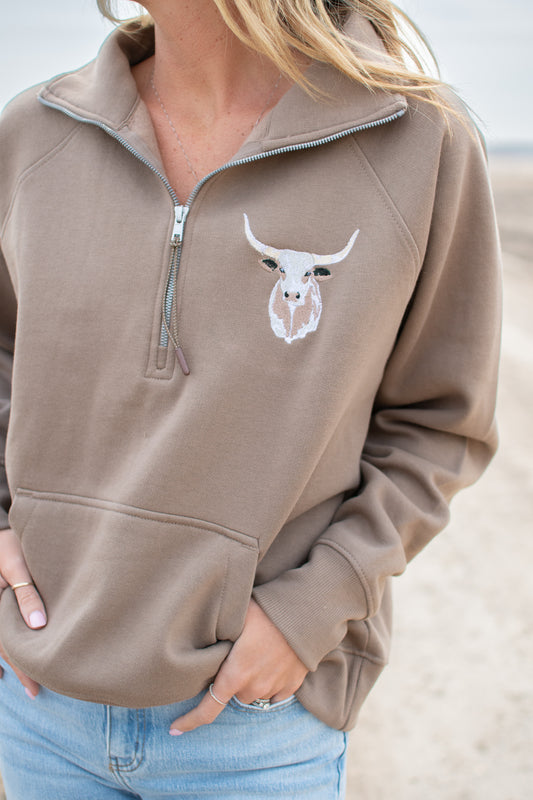 Embroidered Longhorn Brown 1/4 Zip