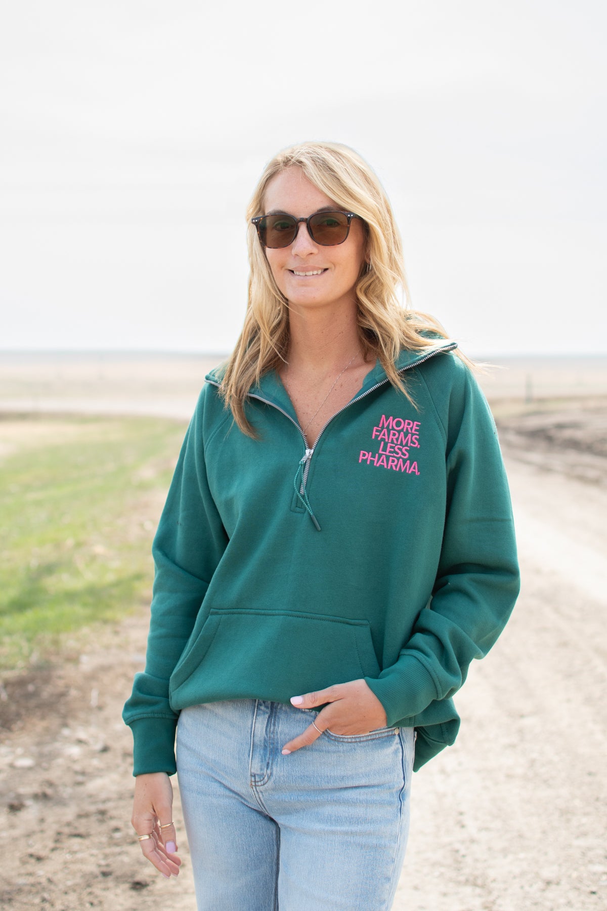 Embroidered 'More Farms. Less Pharma.' Green 1/4 Zip