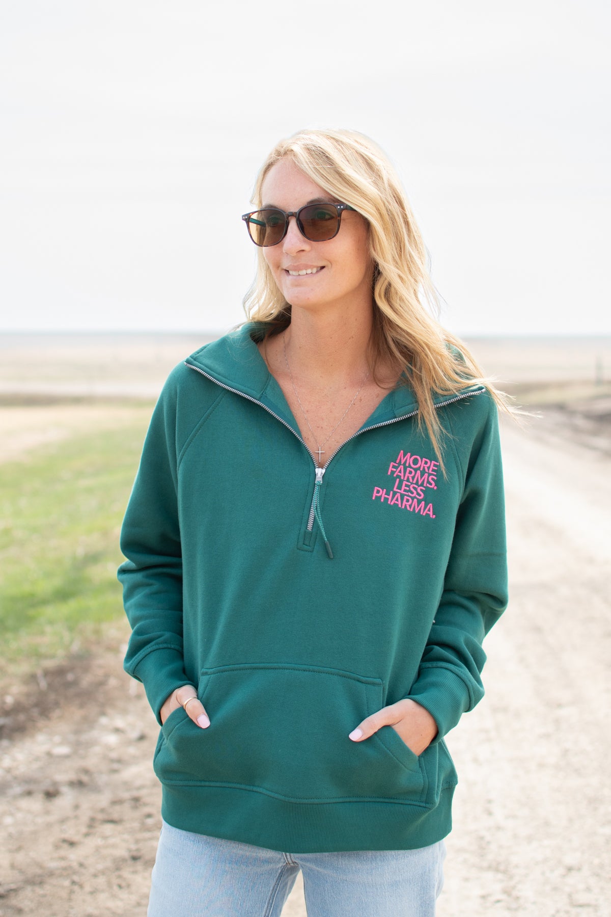 Embroidered 'More Farms. Less Pharma.' Green 1/4 Zip