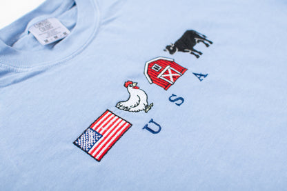 Embroidered 'USA' Farm Life Blue Tee