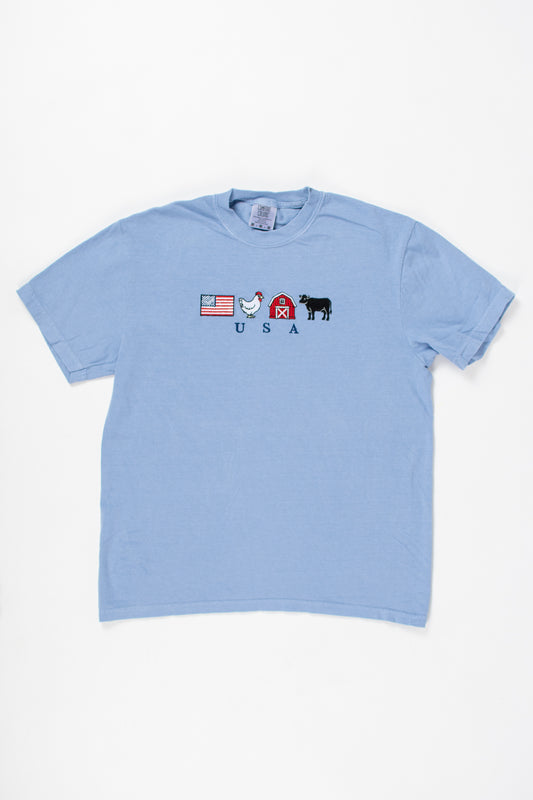 Embroidered 'USA' Farm Life Blue Tee