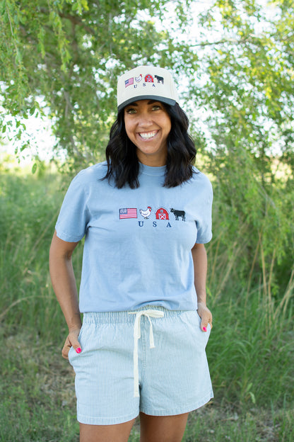 Embroidered 'USA' Farm Life Blue Tee