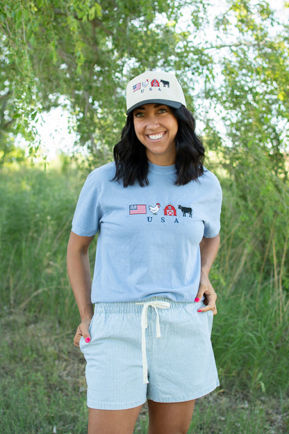 Embroidered 'USA' Farm Life Blue Tee