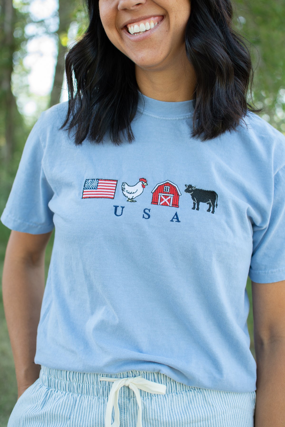 Embroidered 'USA' Farm Life Blue Tee
