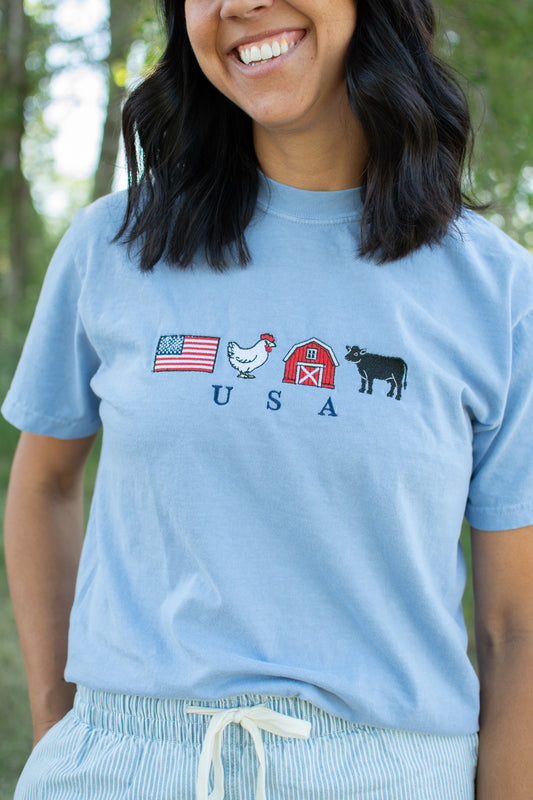 Embroidered 'USA' Farm Life Blue Tee