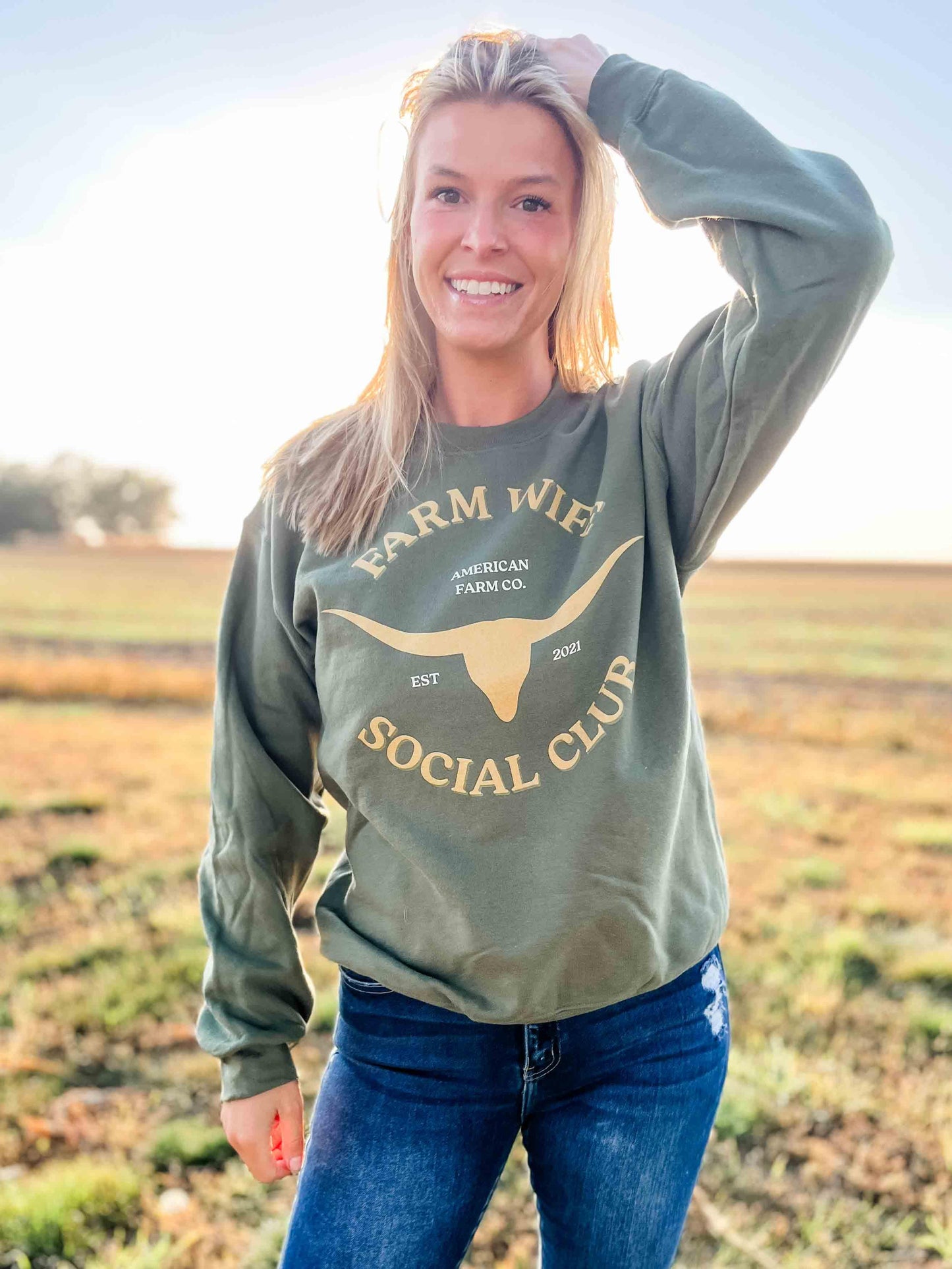 Farm Wife Social Club Olive Crewneck - American Farm Company