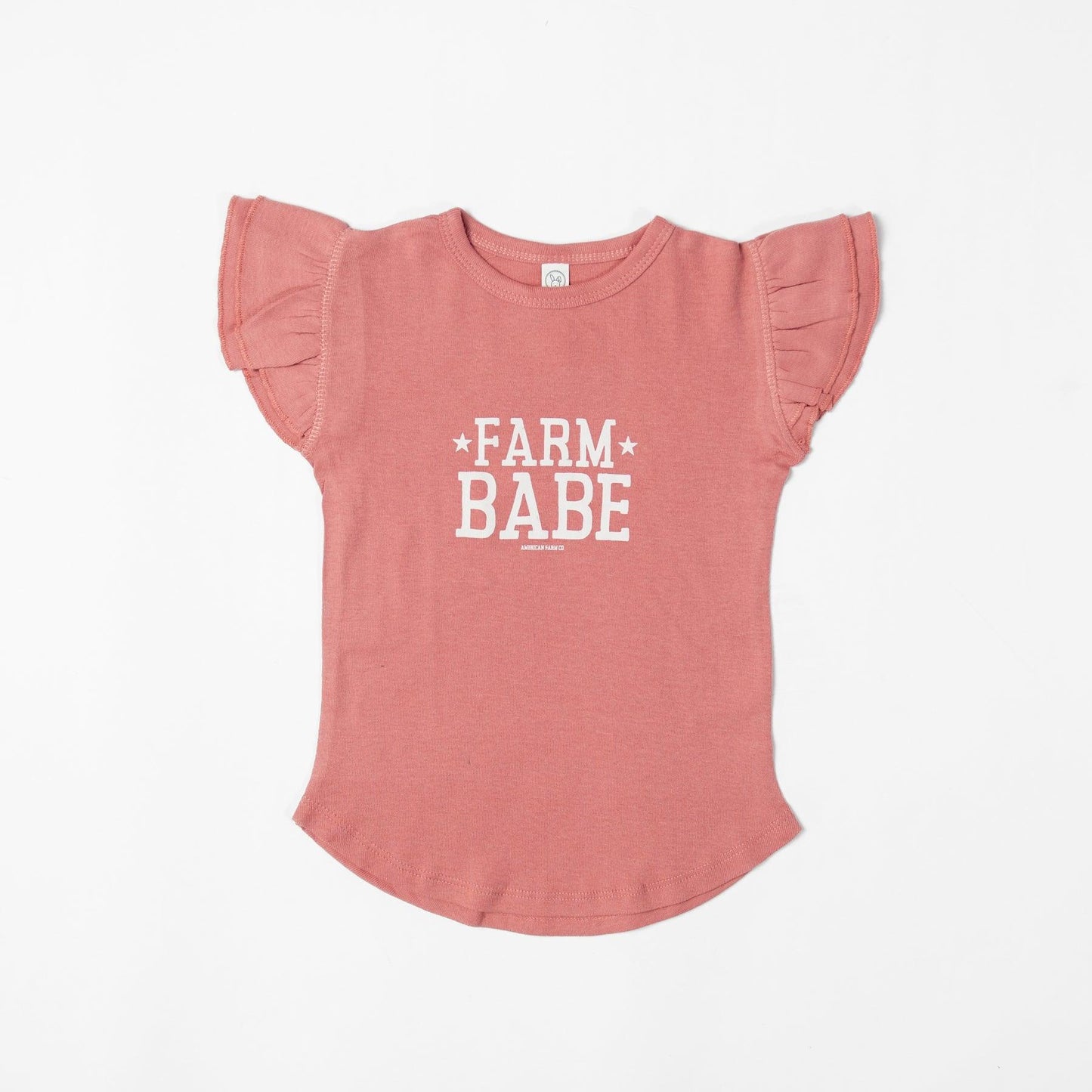Mauve ruffle sleeve toddler tee in soft cotton with heritage 'FARM BABE' print, rural-inspired American Farm Company kids apparel.