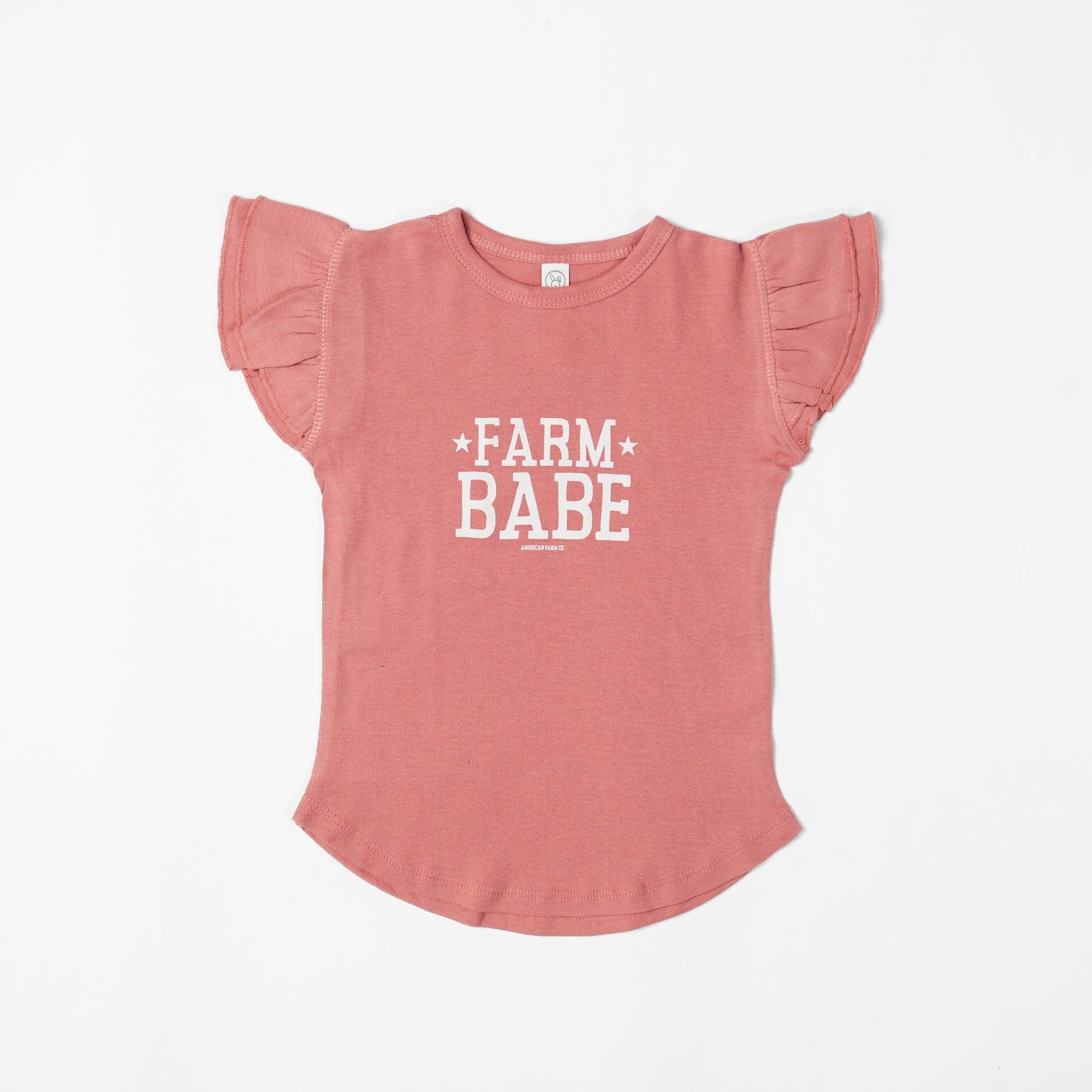 Mauve ruffle sleeve toddler tee in soft cotton with heritage 'FARM BABE' print, rural-inspired American Farm Company kids apparel.