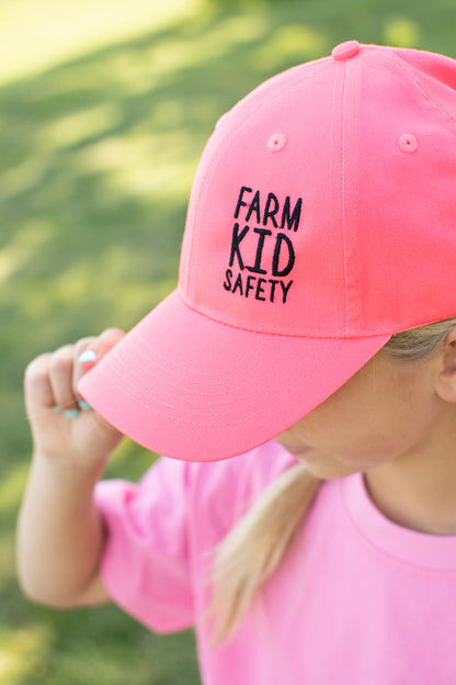 'Farm Kid Safety' Embroidered Neon Pink Youth Hat