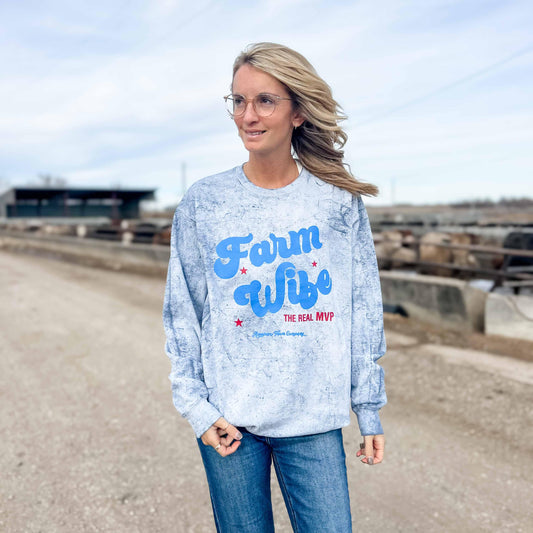 'Farm Wife - The Real MVP' Blue Colorblast Crewneck - American Farm Company