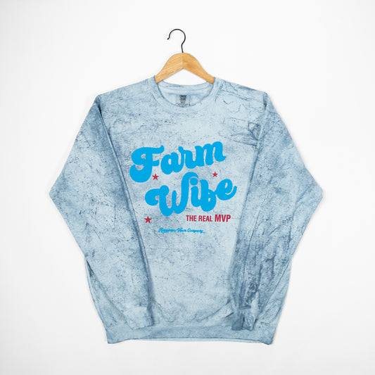'Farm Wife - The Real MVP' Blue Colorblast Crewneck