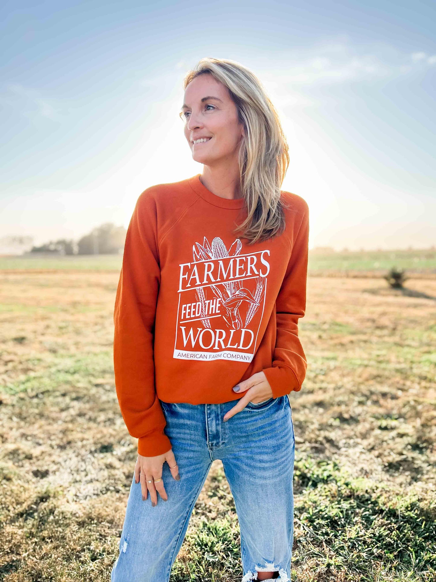 'Farmers Feed the World' Rust Crewneck - American Farm Company