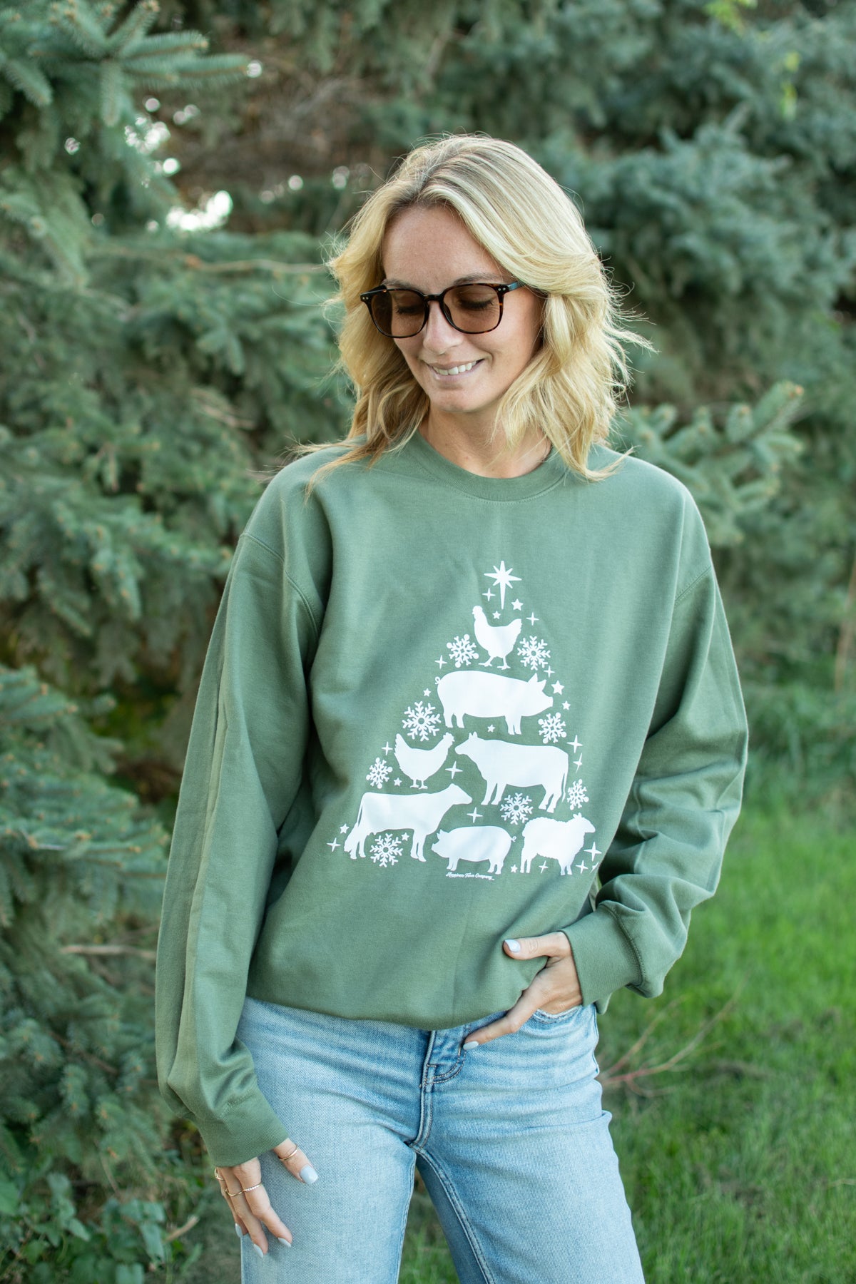 Festive Farm Animal Christmas Tree Green Crewneck