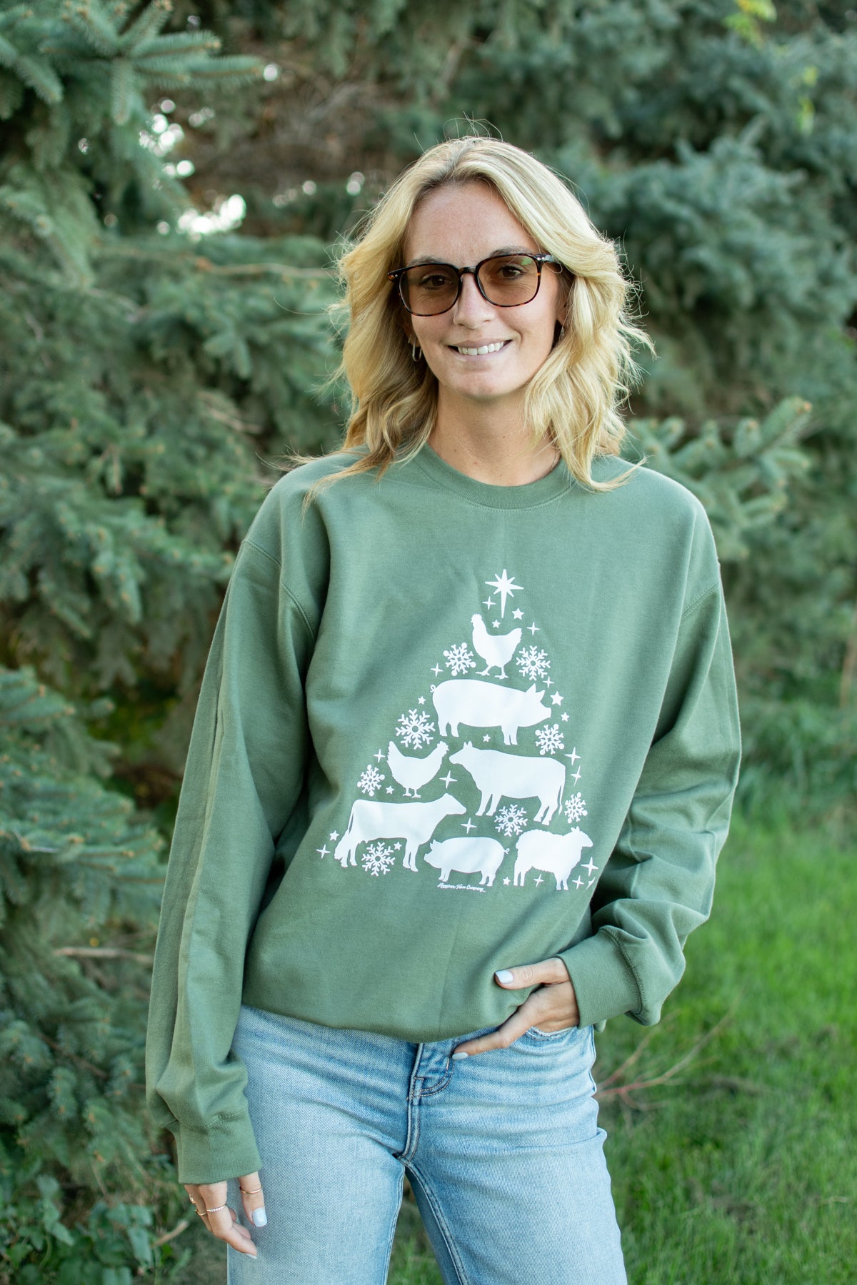 Festive Farm Animal Christmas Tree Green Crewneck