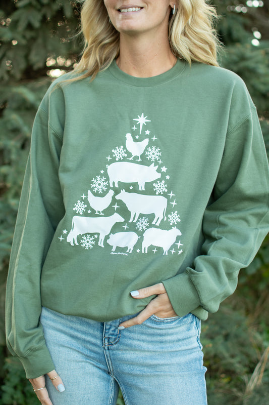 Festive Farm Animal Christmas Tree Green Crewneck