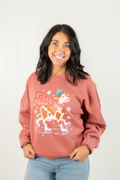 Festive Christmas Cow Adult Crewneck