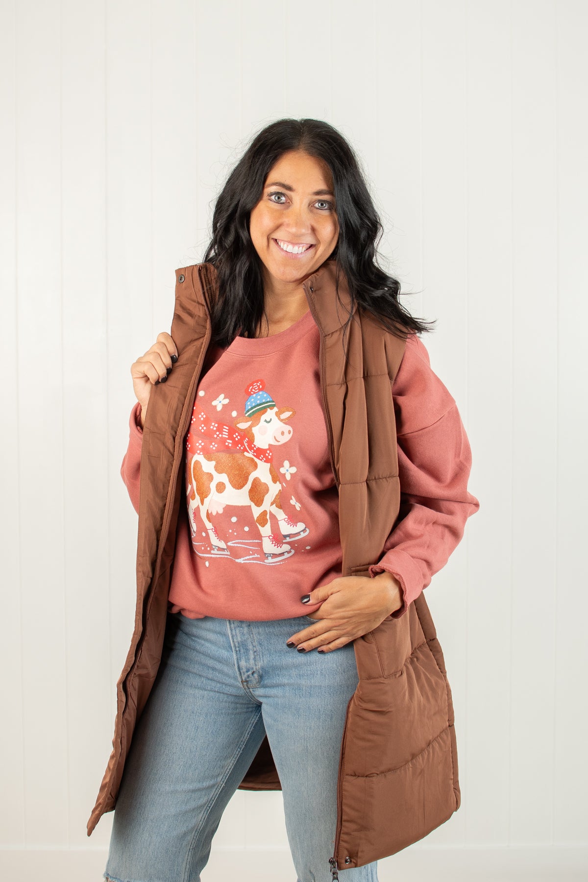 Festive Christmas Cow Adult Crewneck