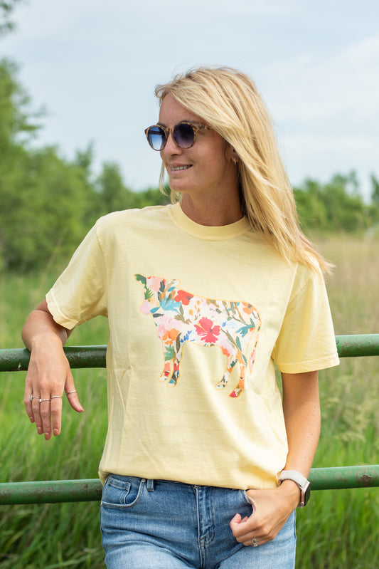 Floral Cow Yellow Tee