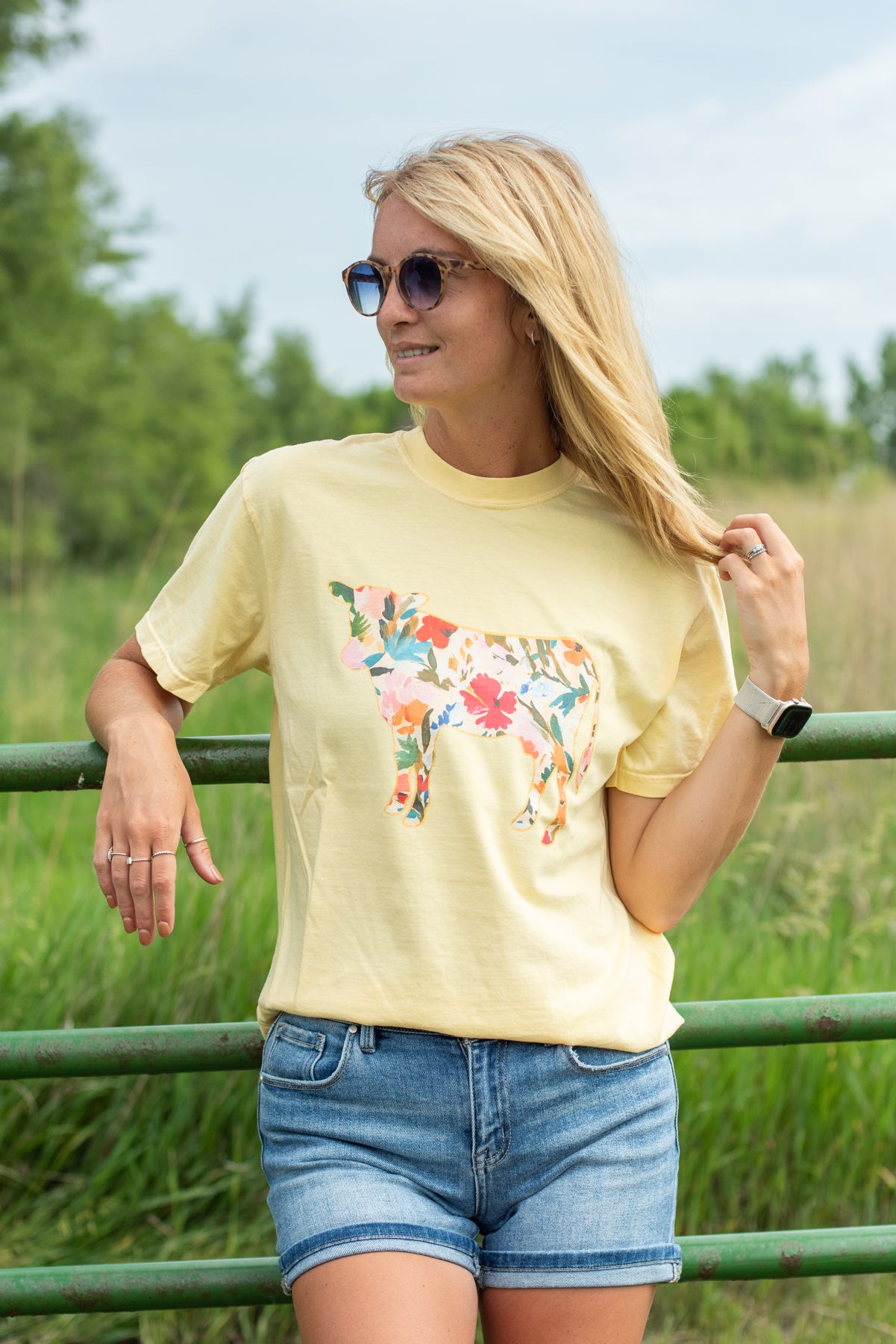 Floral Cow Yellow Tee