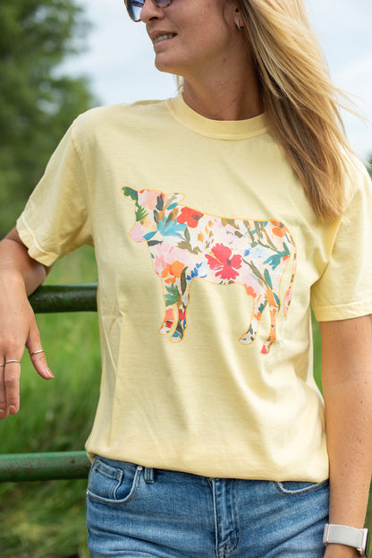 Floral Cow Yellow Tee