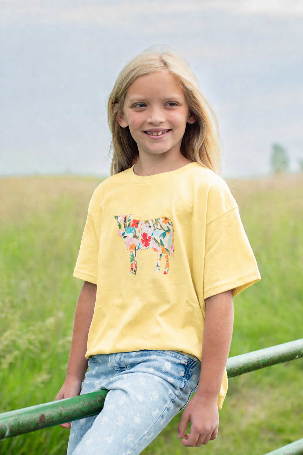 Floral Cow Yellow Youth Tee
