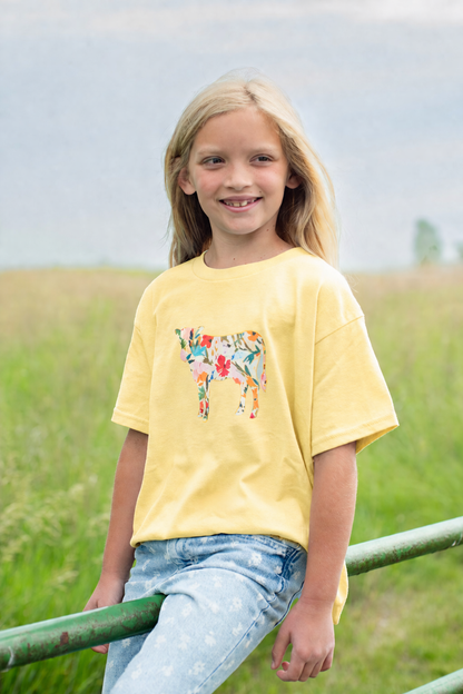 Floral Cow Yellow Youth Tee
