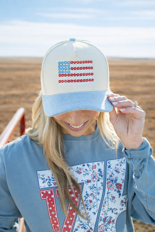 Floral American Flag Embroidered Denim Trucker Hat
