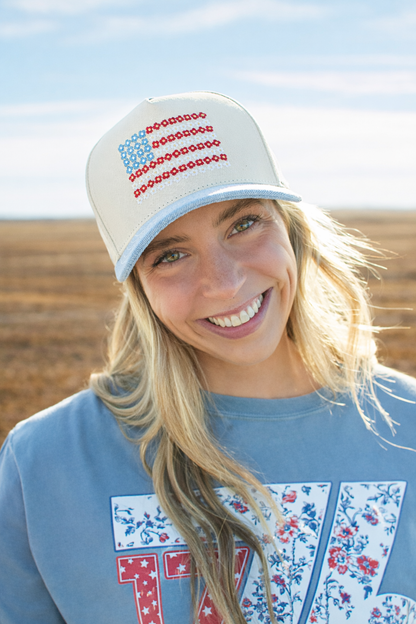 Floral American Flag Embroidered Denim Trucker Hat