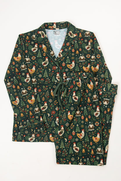 Folk Christmas Chicken Adult Notch Collar Top and Pajama Pant Set *Preorder*